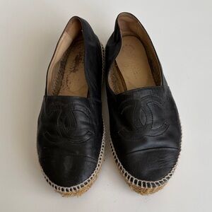 CHANEL Black Leather Espadrilles with Logo